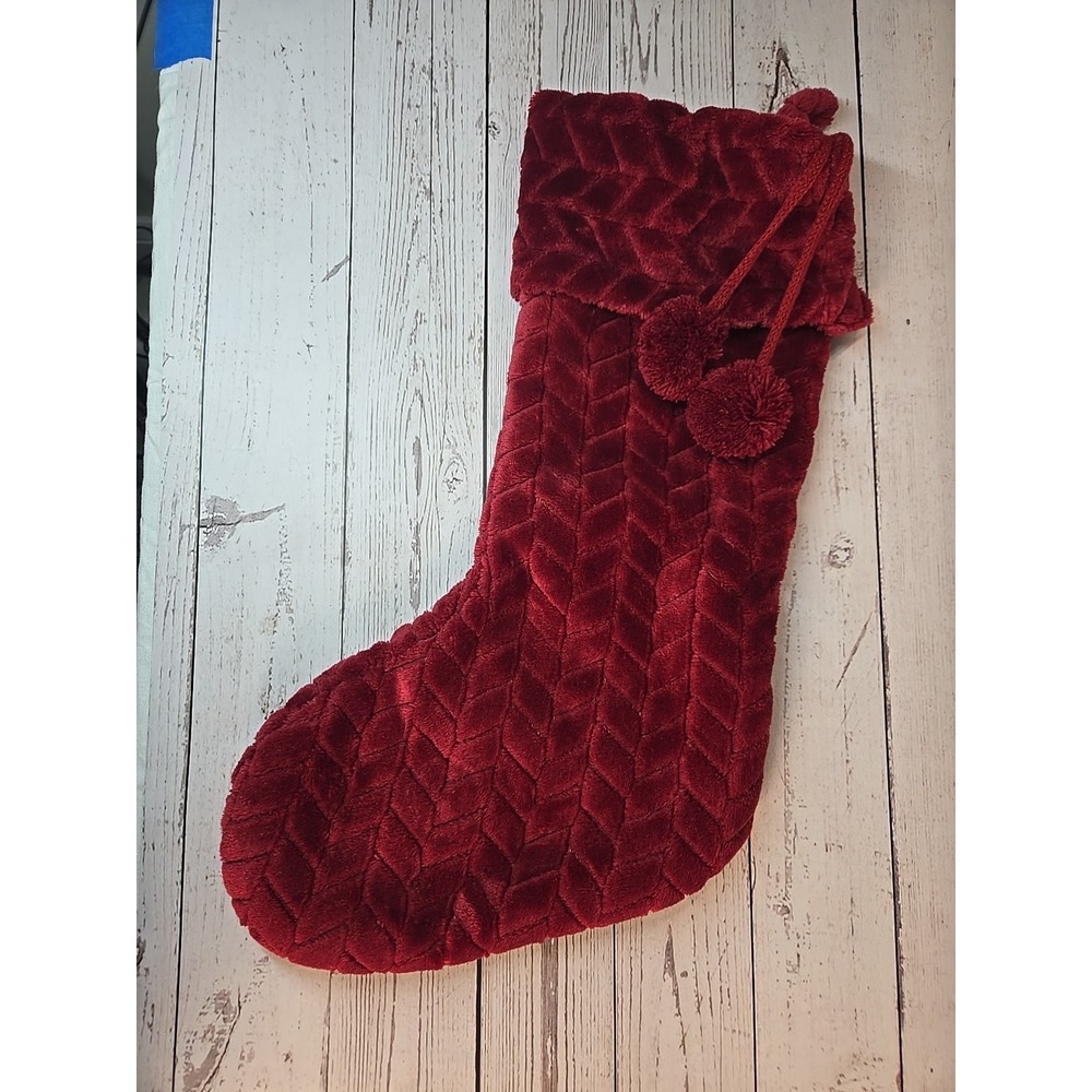Merry Brite 21" Red Velvet‎ Christmas Stocking Xmas w/ Pom-Pom Accents
